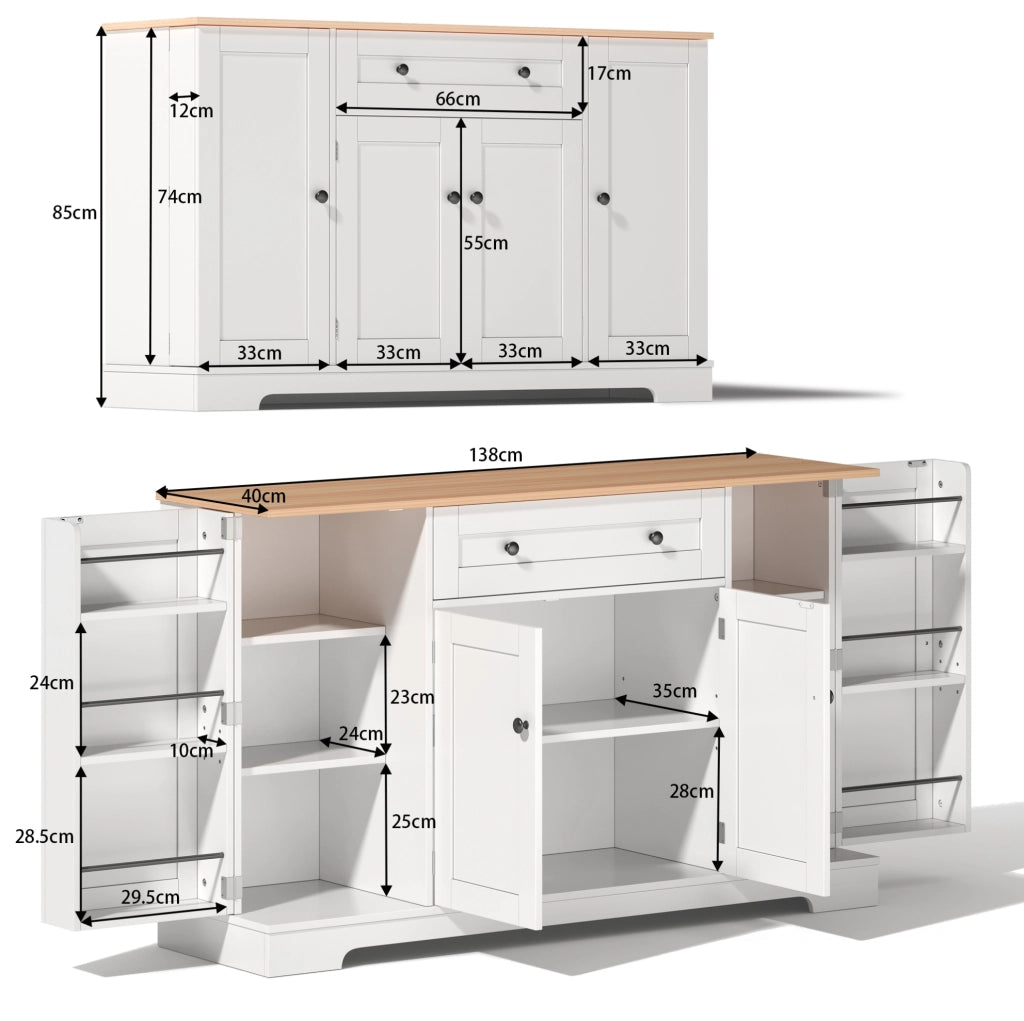 Buffet da cucina multifunzione 138 cm con cassetto, ante e ripiani regolabili, design moderno con sistema anti-ribaltamento