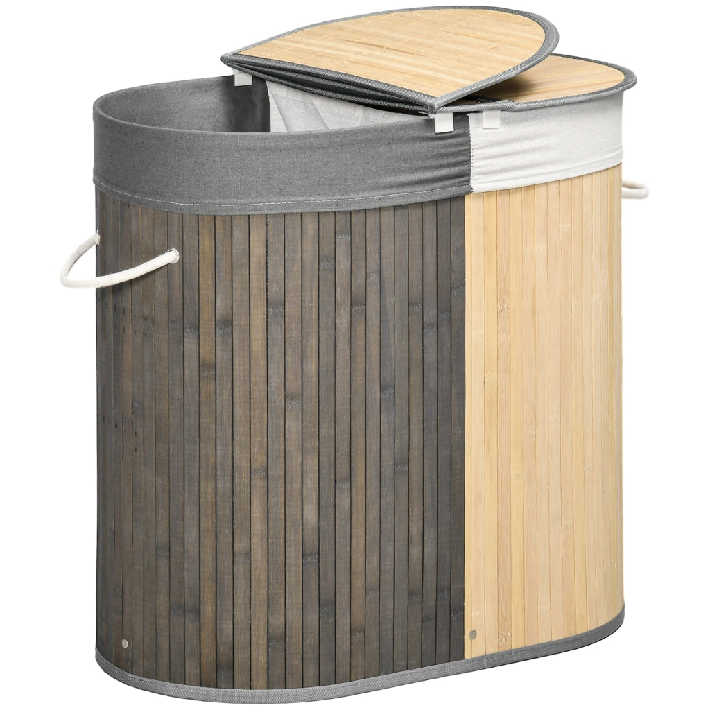 Cesto portabiancheria bamb¨´ 100L ¨C Xylo ¨C 2 scomparti coperchio sacca rimovibile 62,5x37x60,5cm grigio