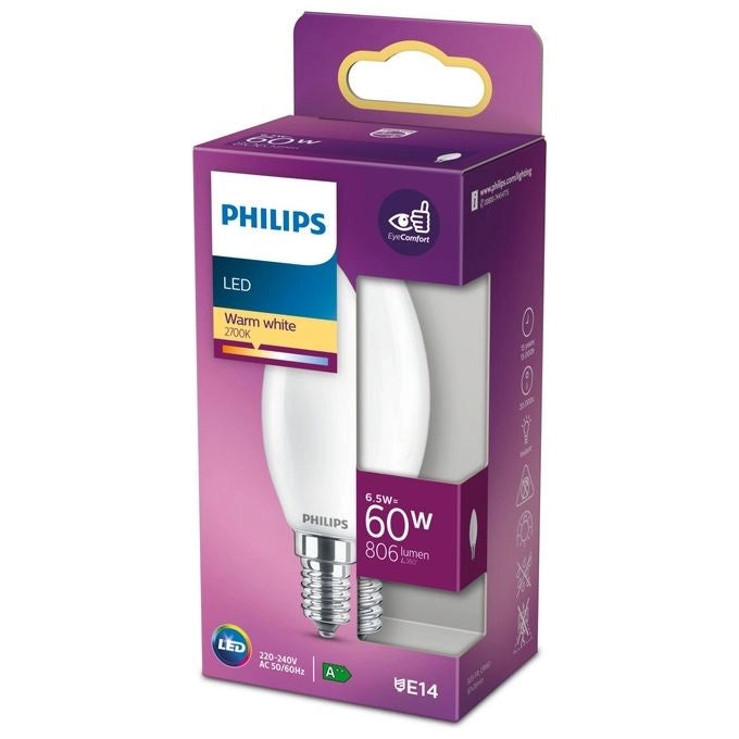 Philips 8718699762698 Lampadina LED Candela Filamento E14 6,5 W 806 lm 2700 K Bianco Caldo colore Bianco