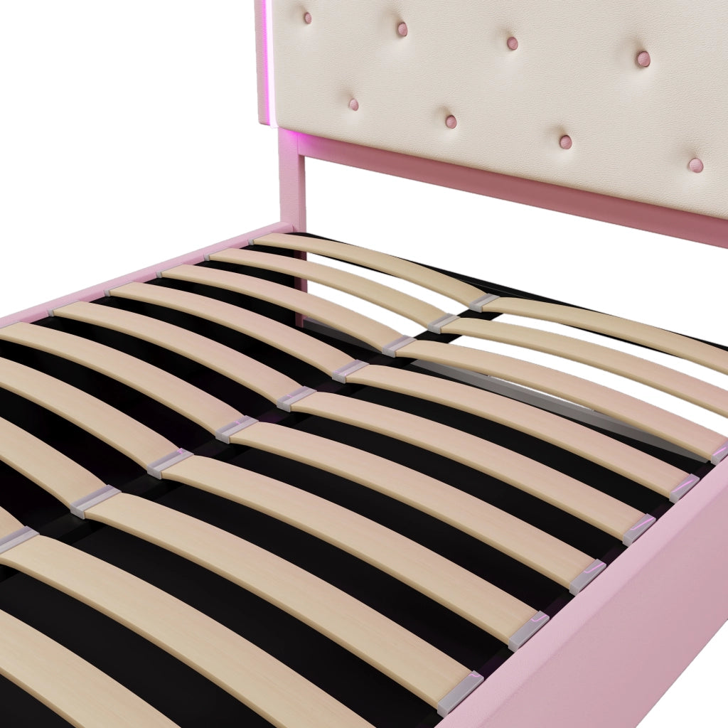 Letto Matrimoniale 140x200 cm; Letto con Contenitore; LED a Corona; in PU; Rosa