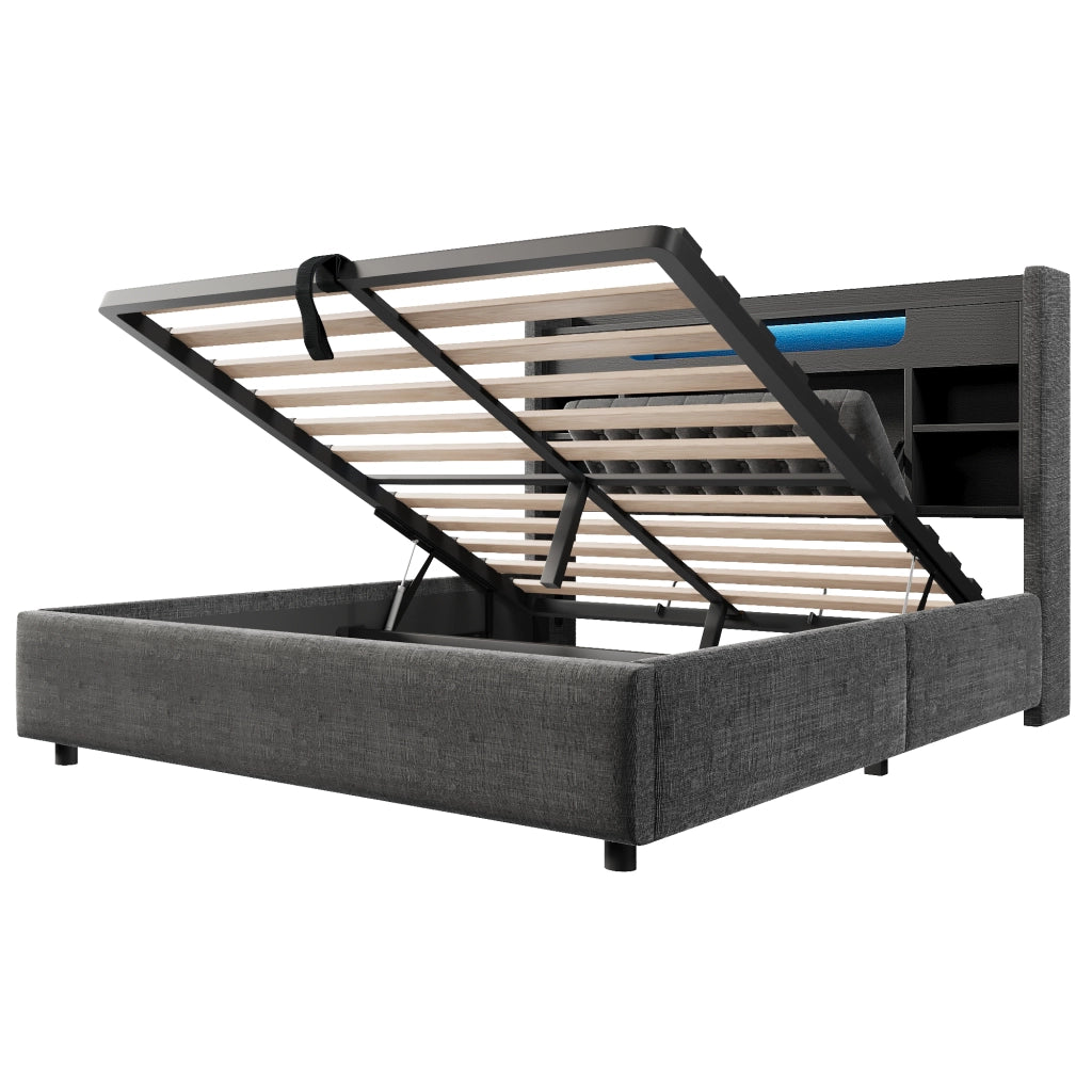 Letto contenitore idraulico 140x190 cm grigio con illuminazione LED