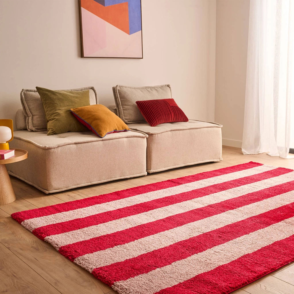 Tappeto da interno a righe rosse e rosa
