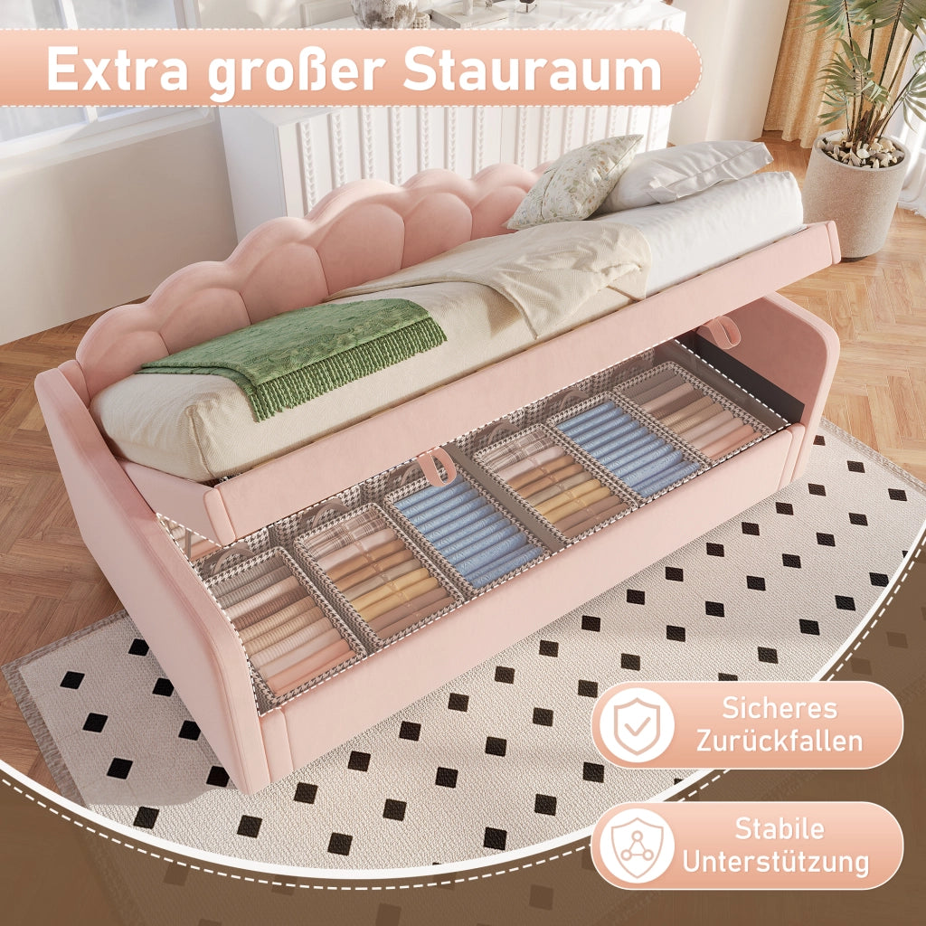 Letto contenitore singolo 90×200 cm con LED e vano portaoggetti; senza materasso; velluto; rosa