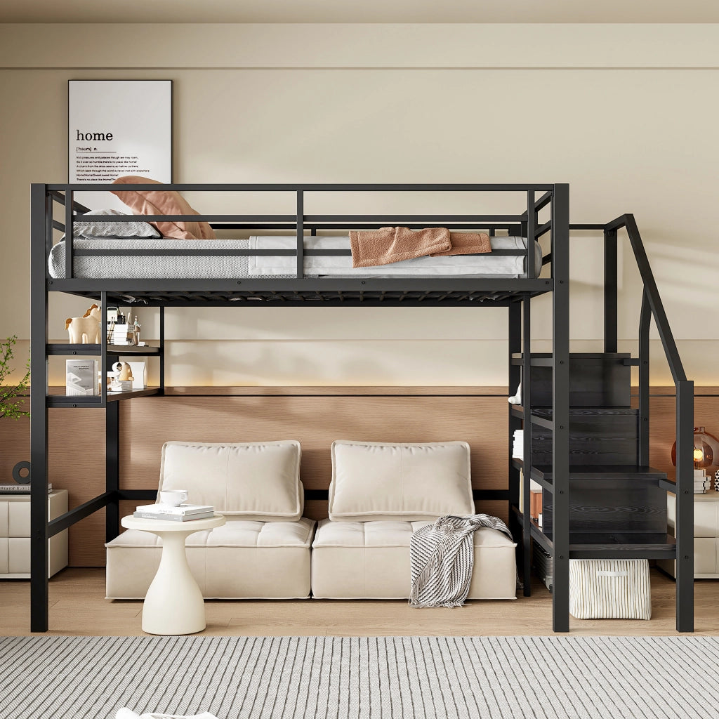 Letto a Soppalco 140x200 cm in metallo con Ripiani Nero