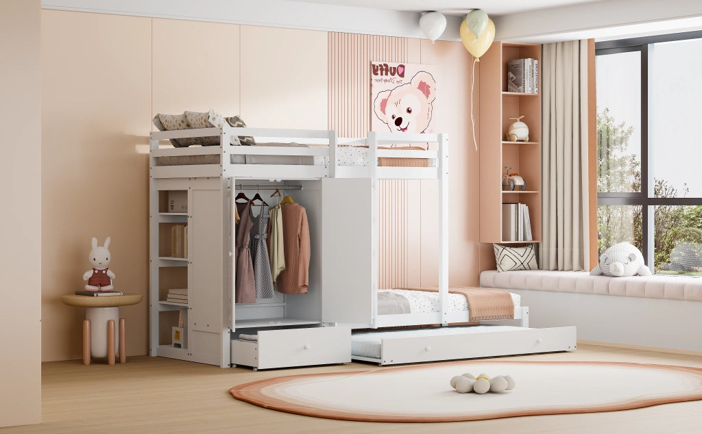 Letto a castello in legno massello 90x200 cm con letto estraibile, armadio integrato e cassetti, bianco