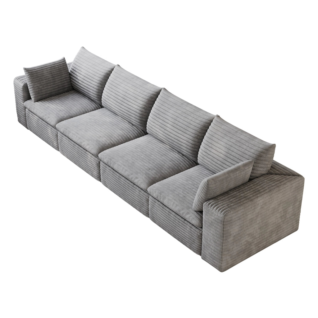 Divano Cloud 340 cm in tessuto di velluto a coste grigio scuro con imbottitura rimovibile e design modulare senza necessità di montaggio