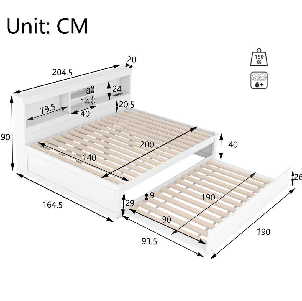 LETTO estraibile 140x200 cm bianco con LED, presa, USB e vano laterale