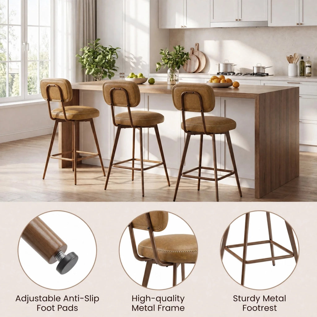 Set di 2 sgabelli da bar girevoli in similpelle PU, altezza bancone, stile Mid-Century, schienale basso e gambe in metallo, nero