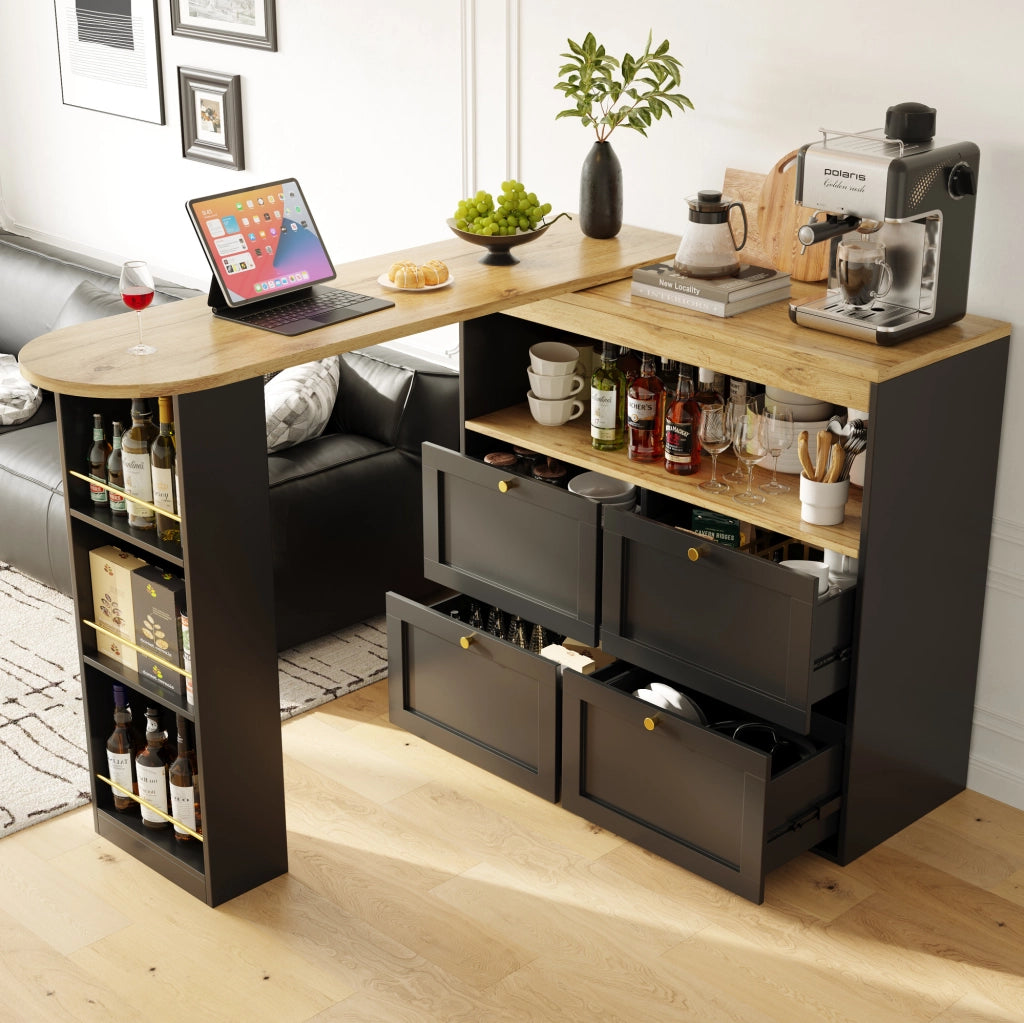 Mobile modulare nero in MDF con 4 cassetti e ripiano laterale girevole a 360°