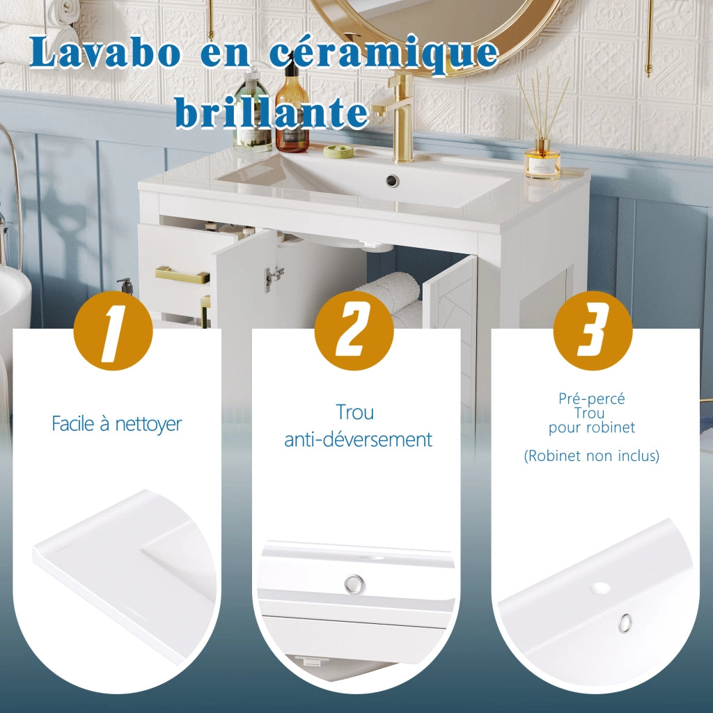 Mobiletto con lavabo in ceramica con 3 cassetti; 2 ante e ripiani laterali aperti bianco 76.5 × 46.5 × 84.5 cm