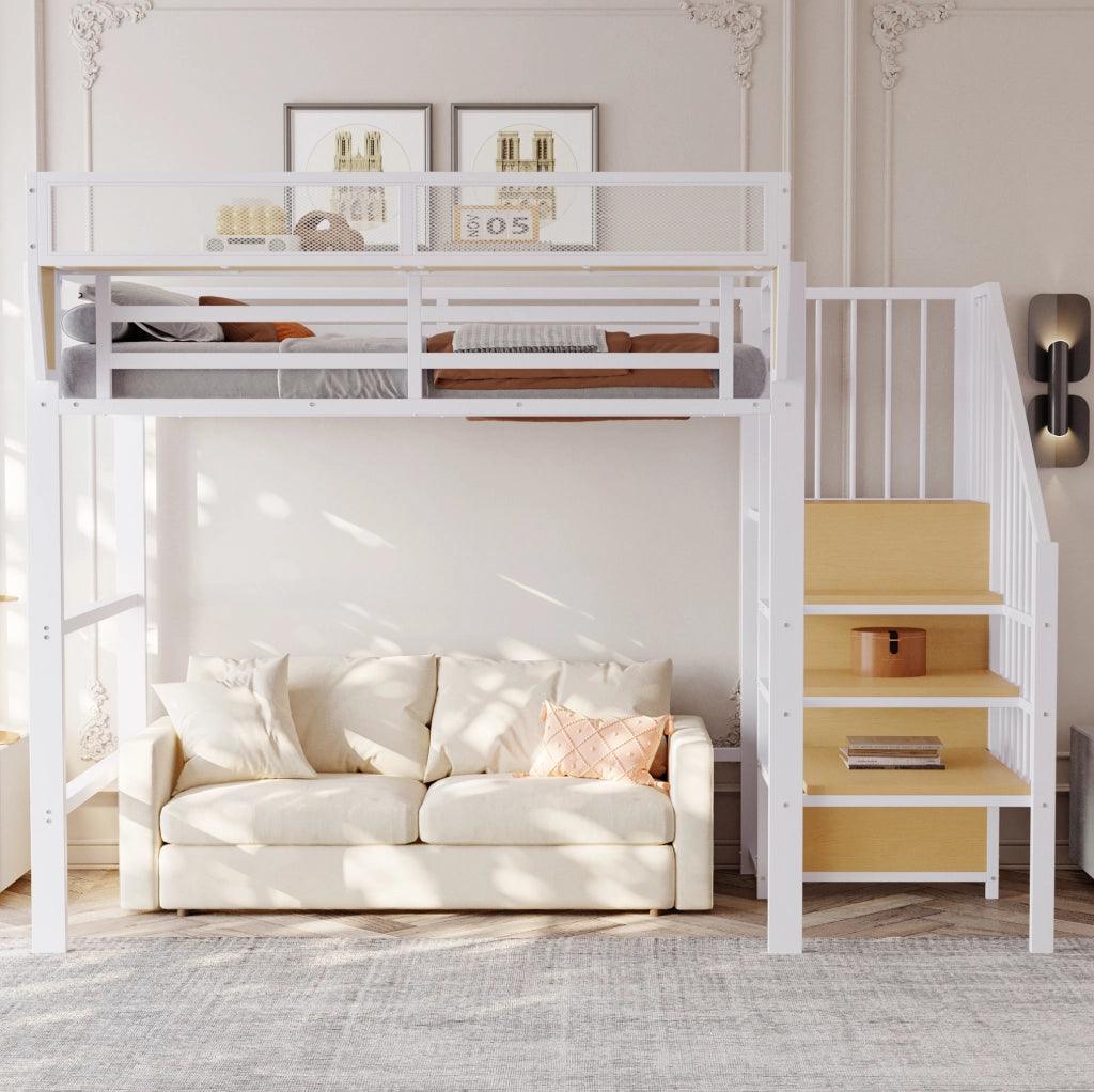 Letto a castello in metallo 90x200 con scala di sicurezza e ripiano modulabile, colore bianco