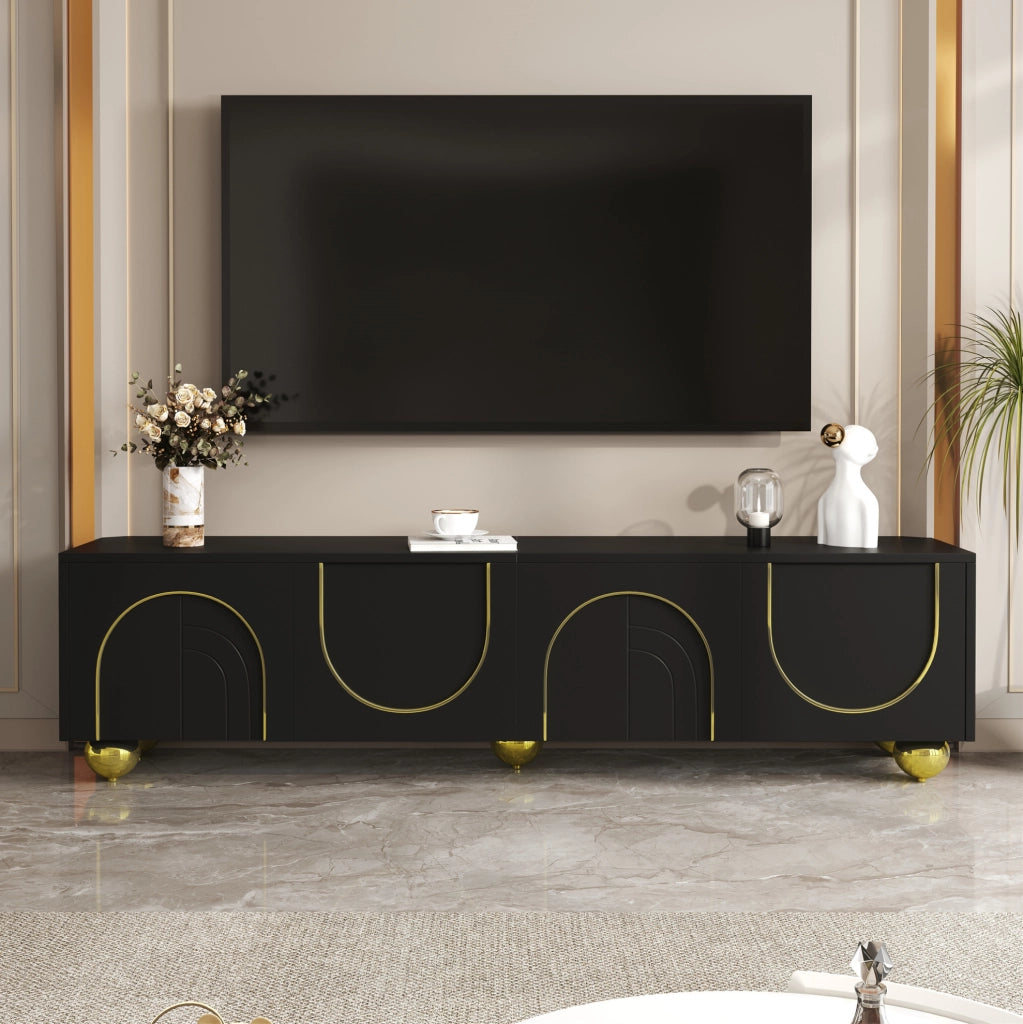 Mobile TV elegante nero con dettagli dorati