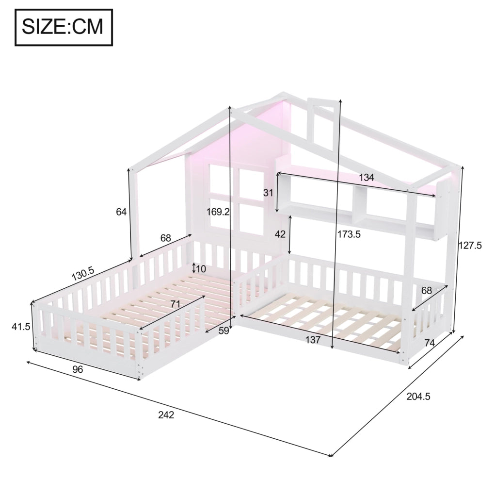 Letto a casetta 90x200 cm con LED, mensole e sponde di sicurezza, bianco