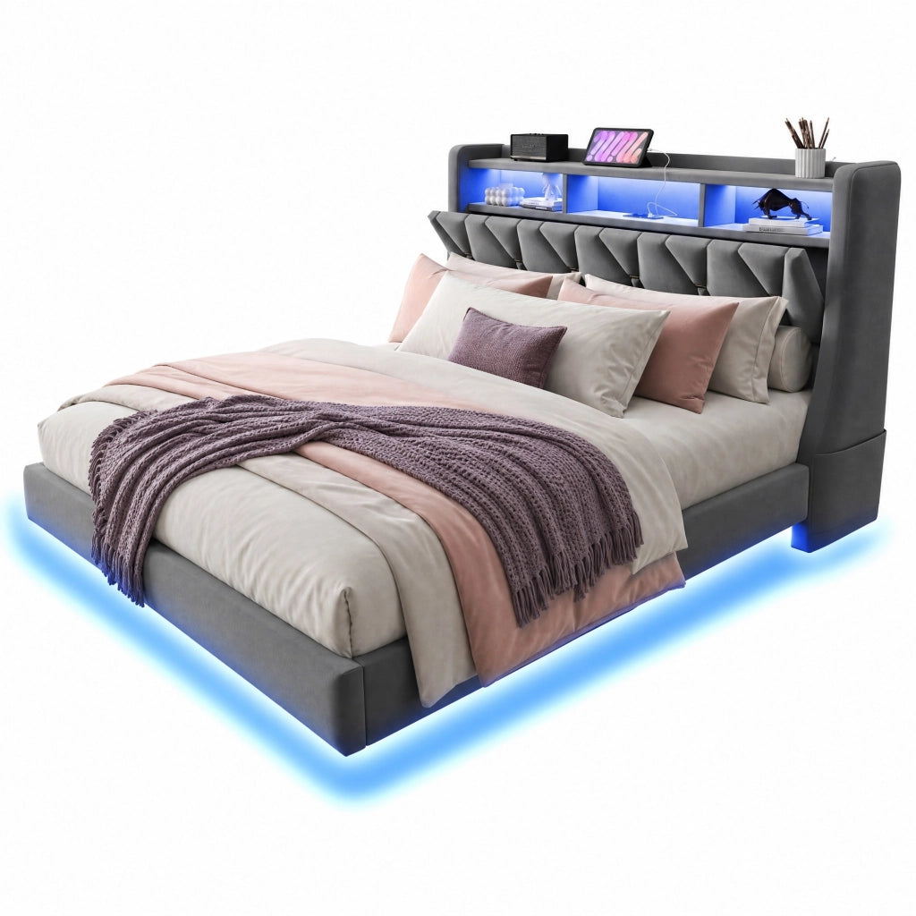 Letto imbottito 180 × 200 cm con testiera contenitore LED prese USB e Type C rete a doghe velluto grigio