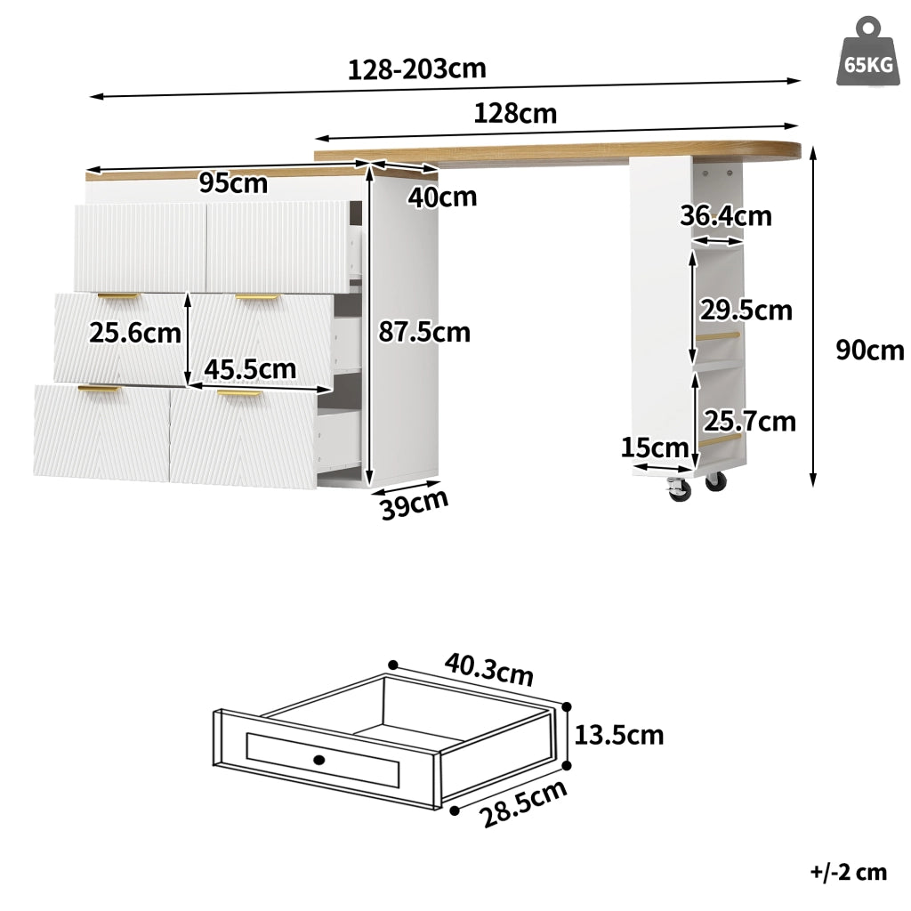 Tavolo alto girevole con 6 cassetti e ripiano laterale in MDF bianco per cucina soggiorno e ufficio domestico