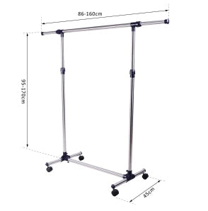 Appendiabiti con ruote regolabile in altezza e larghezza, struttura in acciaio inox, da 86 a 160 cm di larghezza