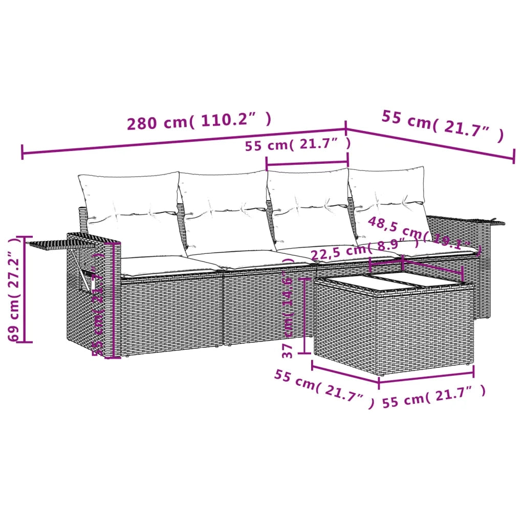 Set Divano da Giardino 5 pz con Cuscini-Sofa da Giardino-Divanetto da esterno Grigio in Polyrattan 507648