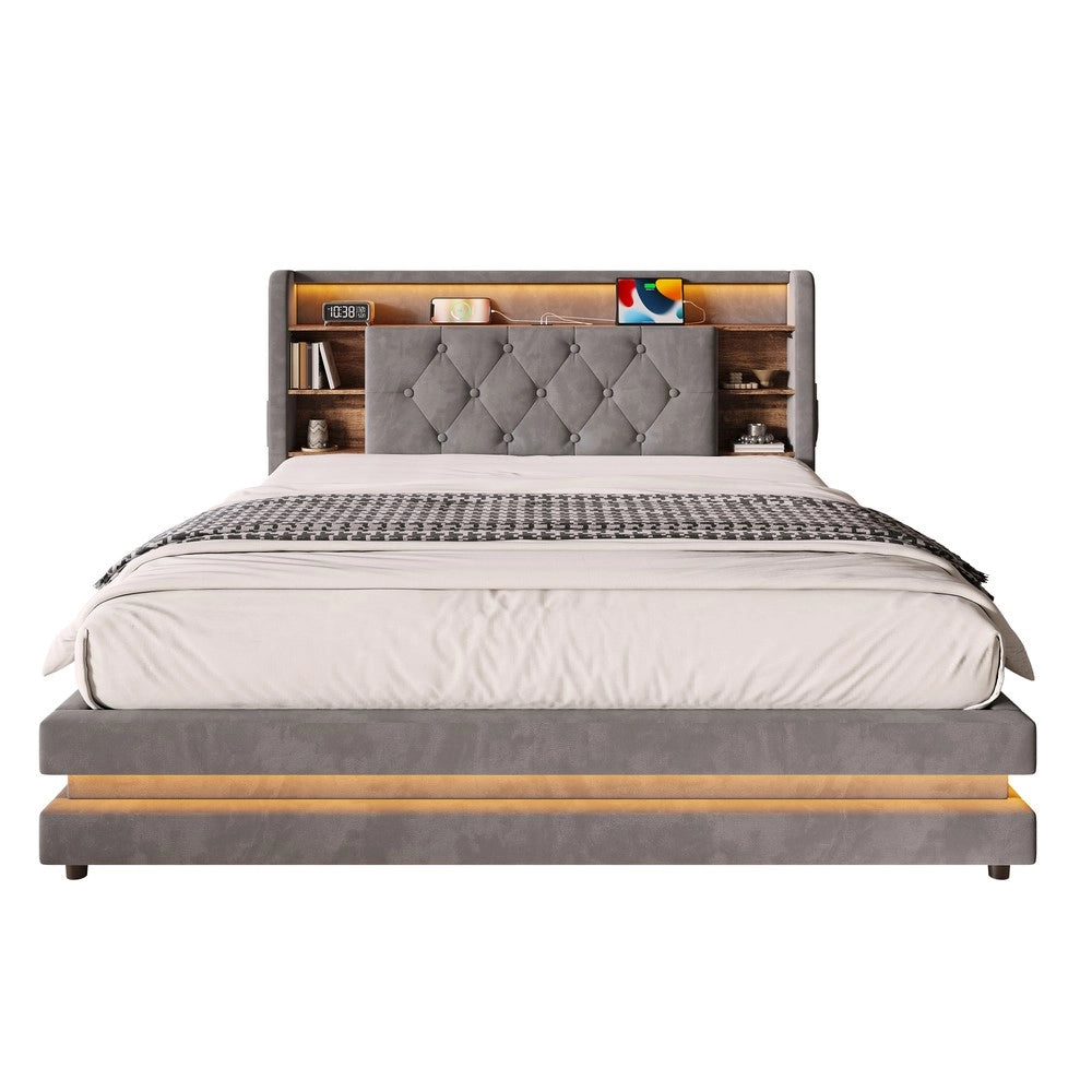 Letto imbottito contenitore ¨C Minimal ¨C grigio scuro velluto 140x200cm con testiera LED idraulico rete a doghe