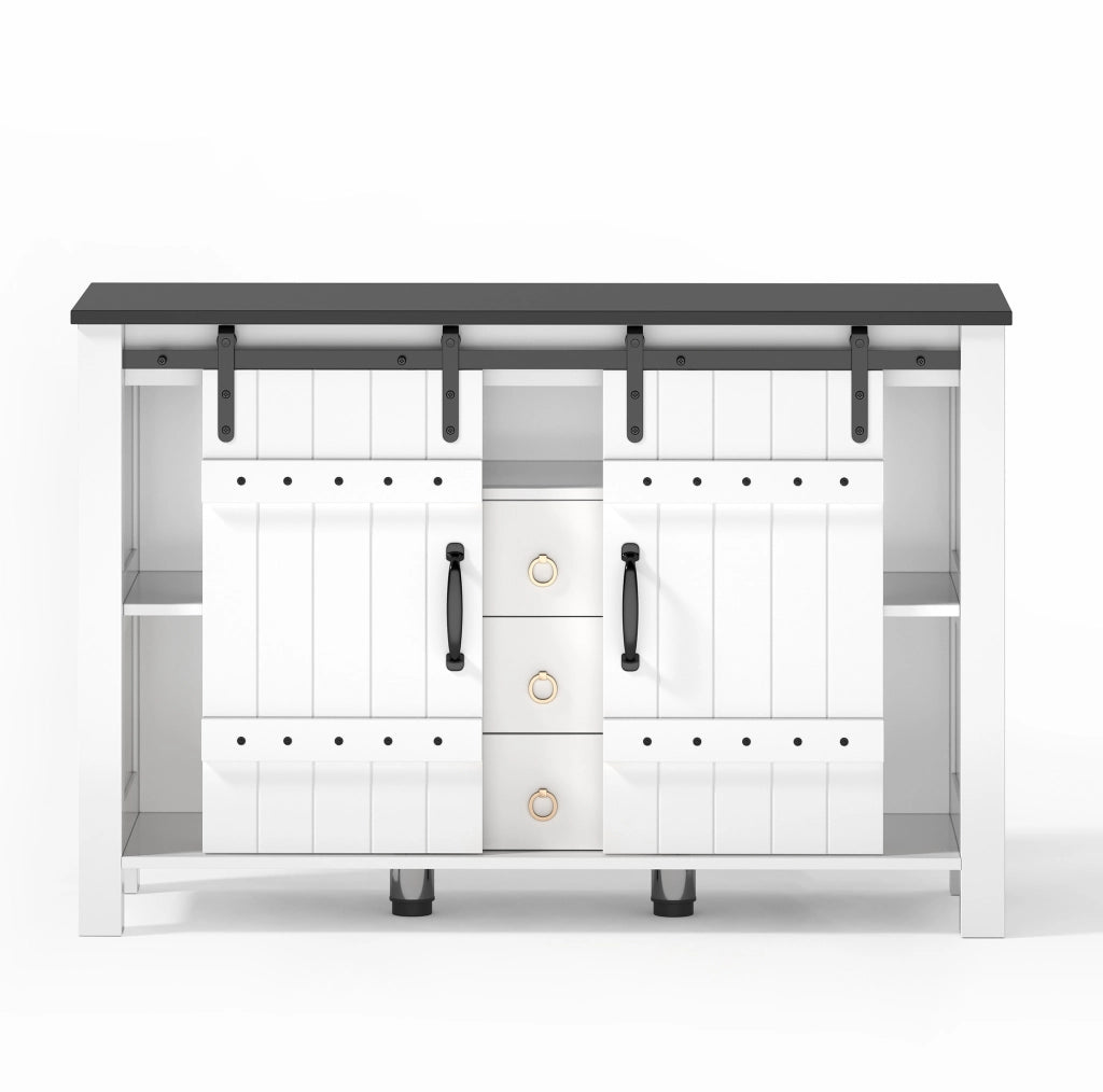 Sideboard bianco in legno rustico con 2 ante scorrevoli e 3 cassetti, larghezza 120 cm