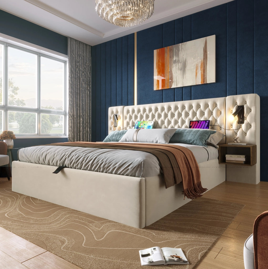 Letto contenitore 160 x 200 cm con comodini, luci e ricarica