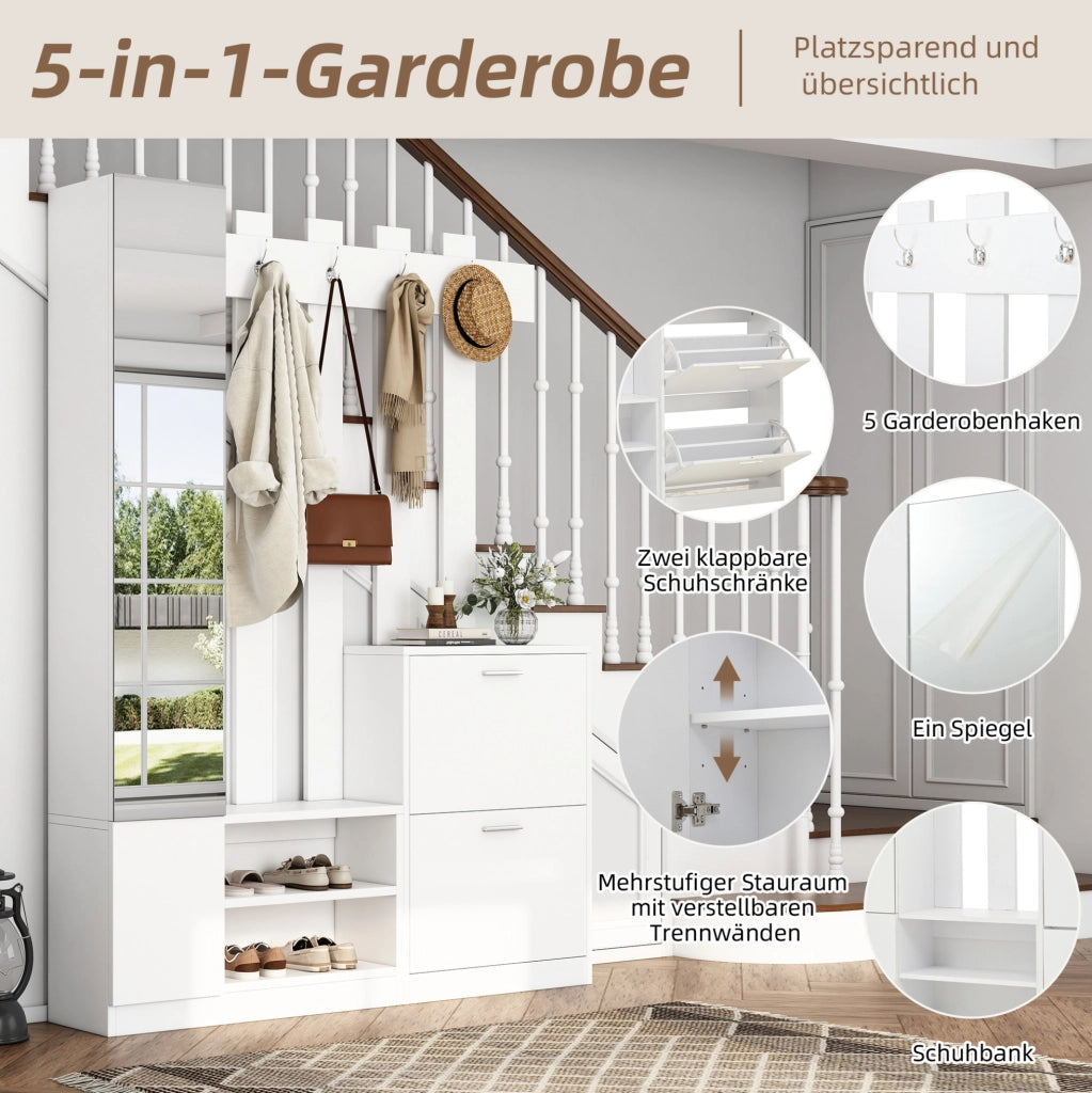 Set da ingresso con specchio; 2 scarpiere a ribalta e 5 ganci; 135 ¡Á 25 ¡Á 180 cm; bianco