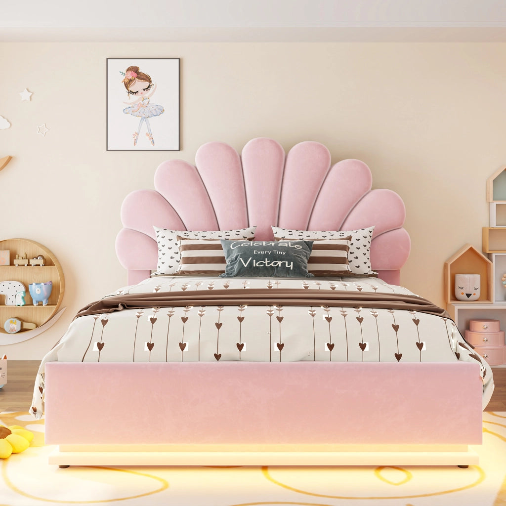 Letto contenitore 140x200 cm; matrimoniale con contenitore idraulico; testiera a fiore; LED; velluto; rosa