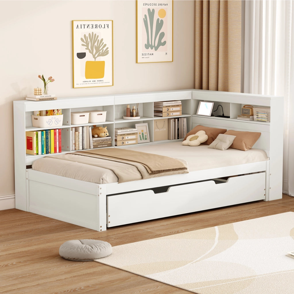 OKWISH Letto estraibile 90×200 cm, Letto Singolo con USB, vani contenitore e mensole, 90×190 cm, senza Materasso, in Legno, Bianco