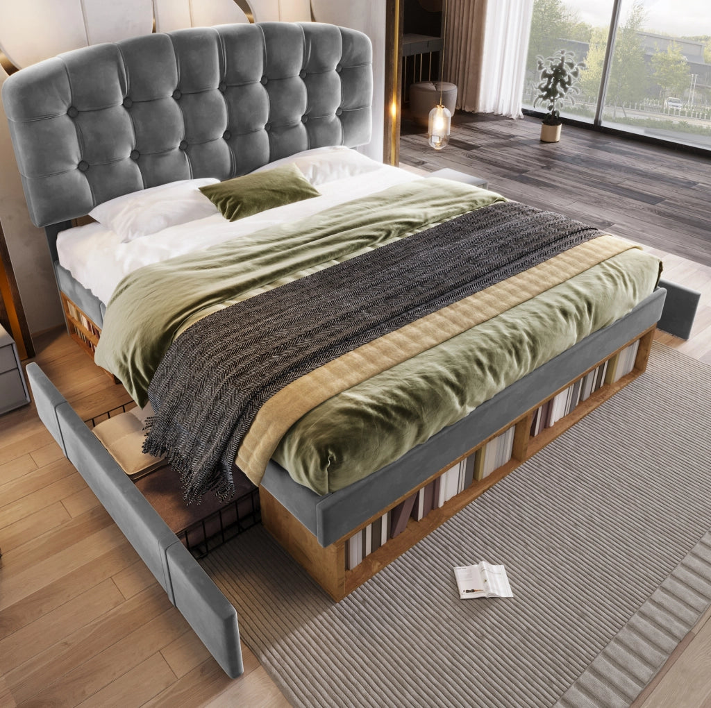 Letto matrimoniale 140x200 cm in velluto grigio con cassetti e testiera regolabile HOMVRA