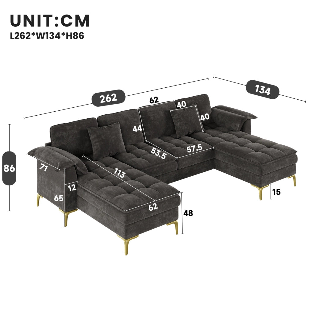 Divano angolare a U 262x134 cm grigio in ciniglia; 2 chaise longue e 2 cuscini