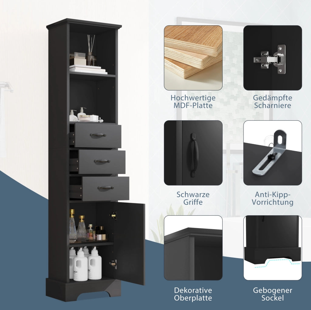Mobile bagno nero da 38x26x172,5 cm in MDF con 3 cassetti, ripiani regolabili e anta, verniciato per resistenza all'umidità