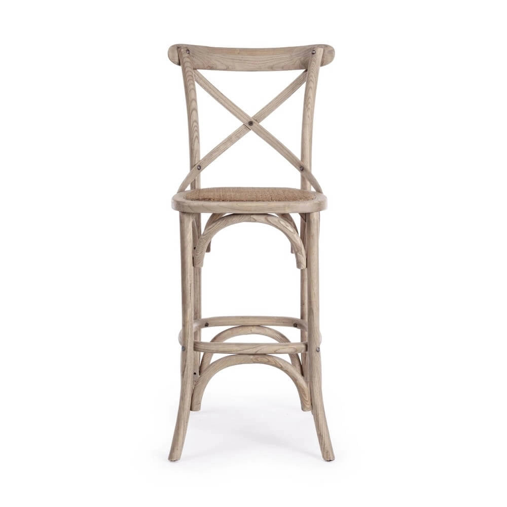 Sgabello da bar in legno di olmo con seduta in rattan naturale - CROSS