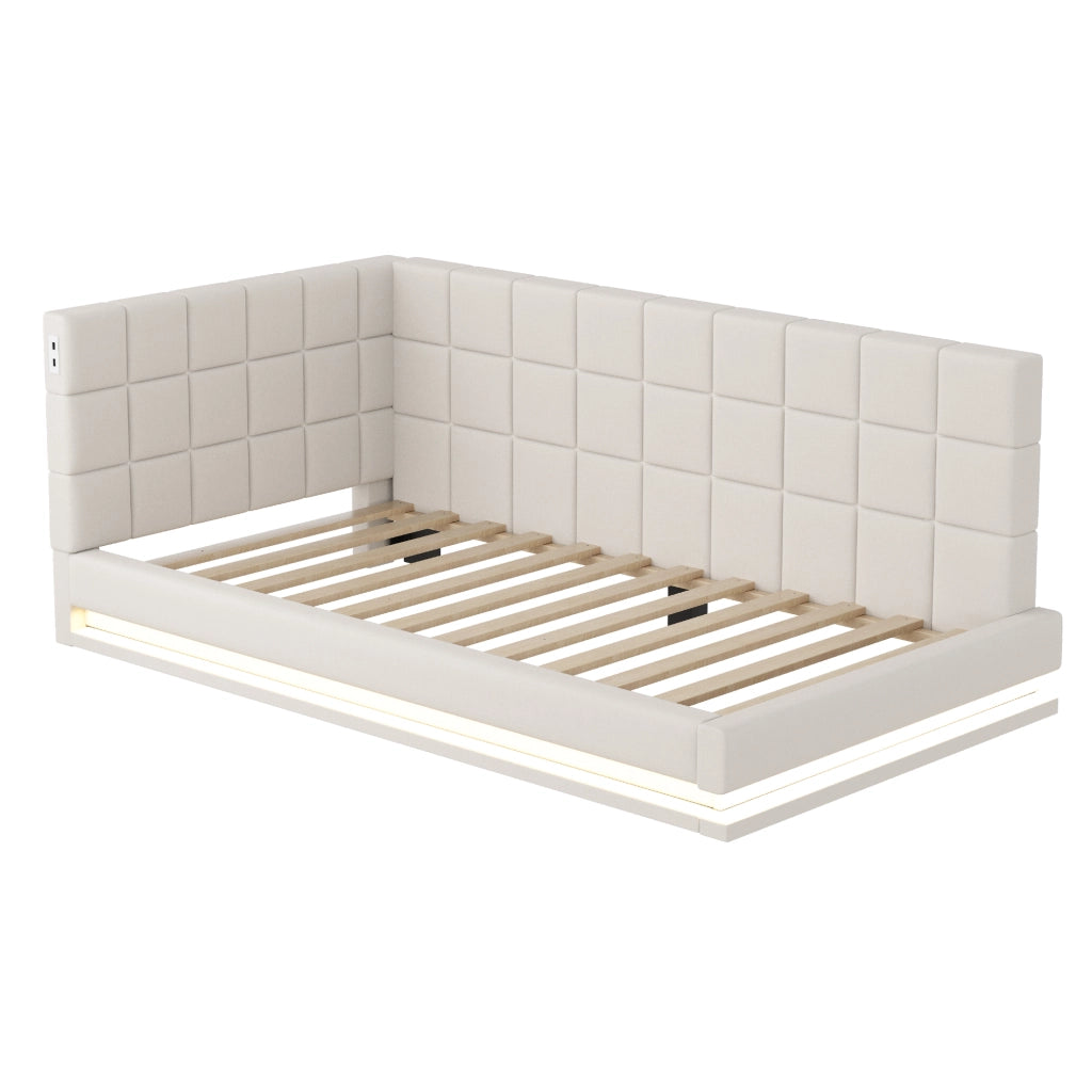 OKWISH Letto divano 90×200 cm, Letto Singolo con LED Multicolore, USB e Doghe, senza Materasso, in Tessuto Lino, Beige