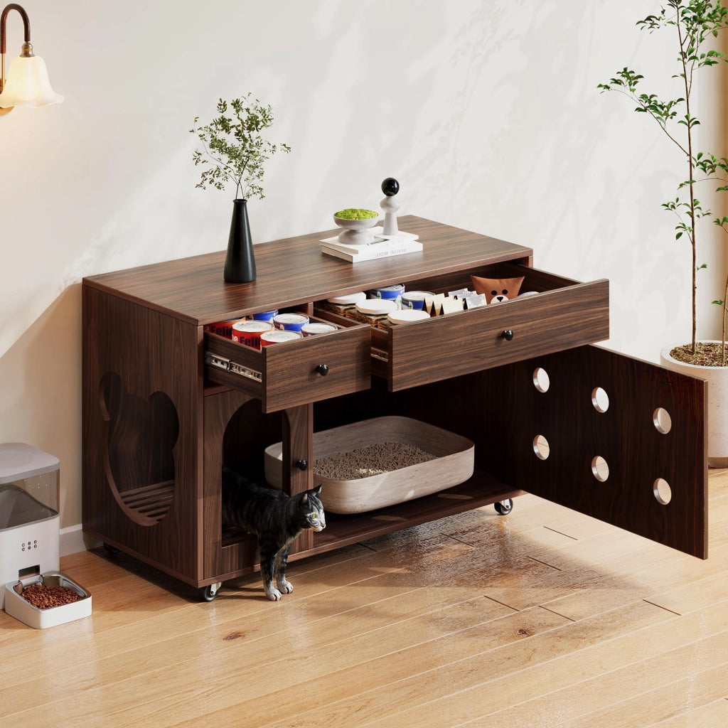 Mobile copriletiera per gatti con 2 cassetti; vassoio raccogli sabbia removibile e ruote noce 100 × 45 × 66 cm