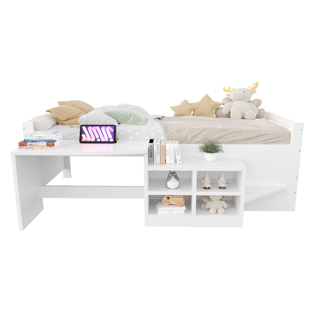 Letto per bambini in legno 90 x 200 cm con scomparti e scrivania con prese standard europeo, letto singolo - Bianco