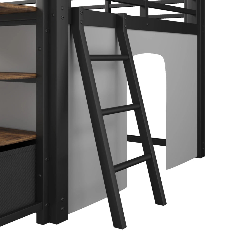 Letto a soppalco ULEVR 140x200 cm con scrivania, ripiani, cassetti in tessuto e LED multicolore, nero