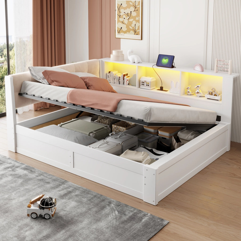 Letto singolo 90x200 con contenitore idraulico; LED multicolore; prese USB e USB C; lino e MDF; beige