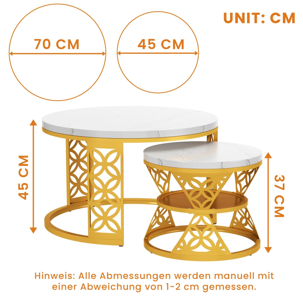 Set di 2 Tavolini da Salotto in Metallo 70 x 70 x 45 cm e 45 x 45 x 37 cm con Base Antiscivolo Bianco e Oro