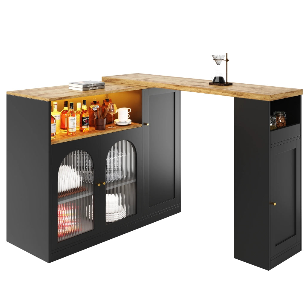 Tavolo da bar girevole 360掳 197 cm con mobile bar nero opaco; piano effetto legno; ante in vetro e LED