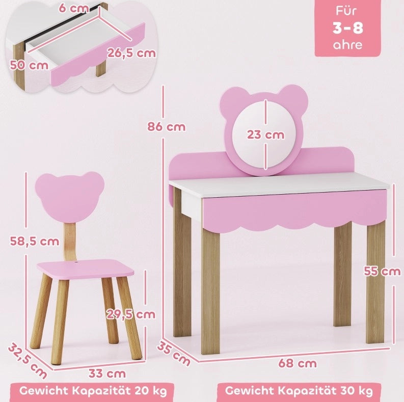 Toeletta per bambini ULEVR rosa con specchio acrilico a forma di orsetto, cassetto e sgabello
