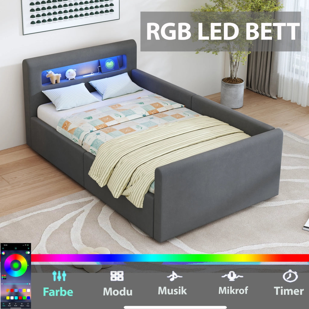 Letto per bambini imbottito 90 × 200 cm con luci LED porta USB vano idraulico velluto grigio