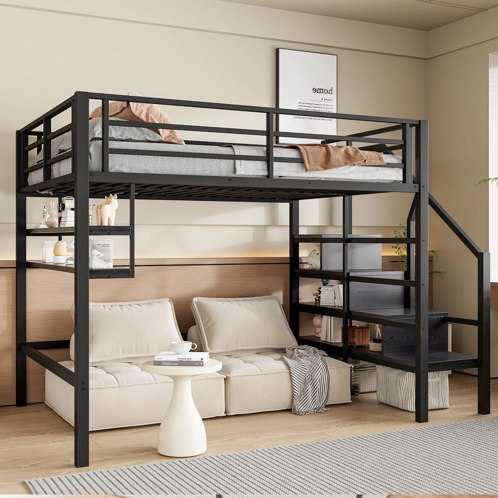 Letto a soppalco 140 × 200 cm con scaffali e scala contenitore in metallo e MDF nero