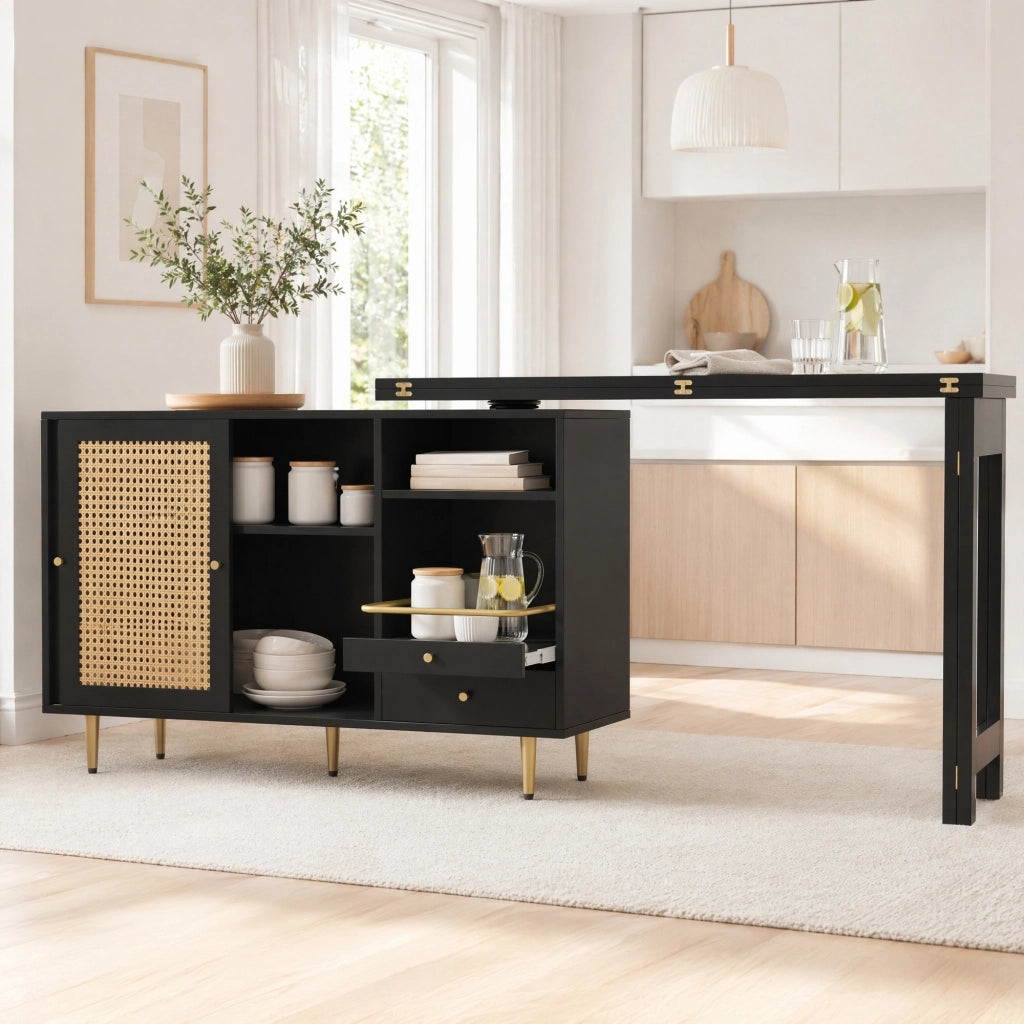 Tavolo bar girevole 360° ed estensibile con contenitore; MDF nero; 107 x 40 x 71;4 cm