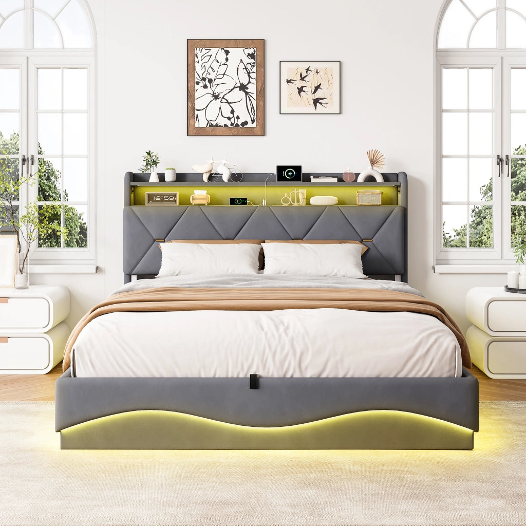 Letto matrimoniale 160x200 cm con contenitore LED USB Type-C testiera rete a doghe tessuto - grigio