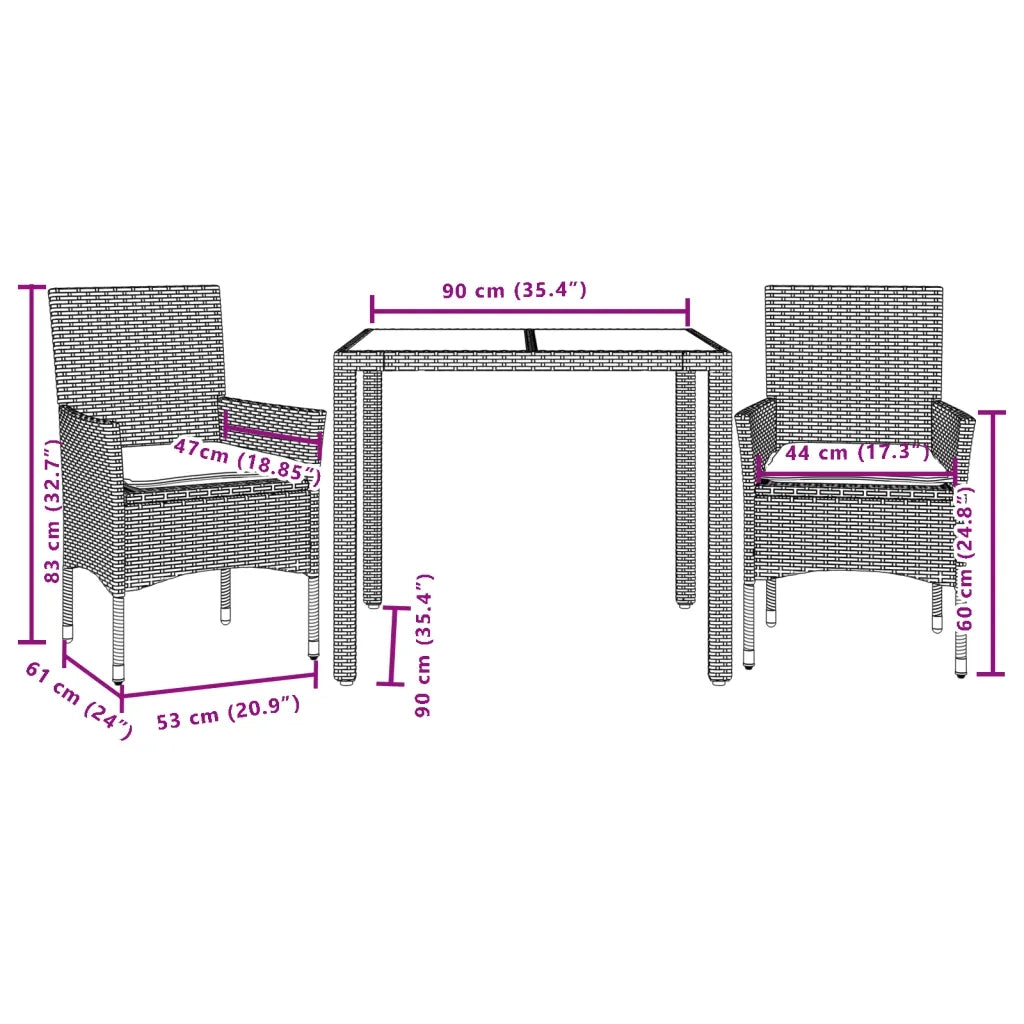 Set da Pranzo da Giardino 3 pz | Set Salotto da Giardino con Cuscini Polyrattan e Vetro