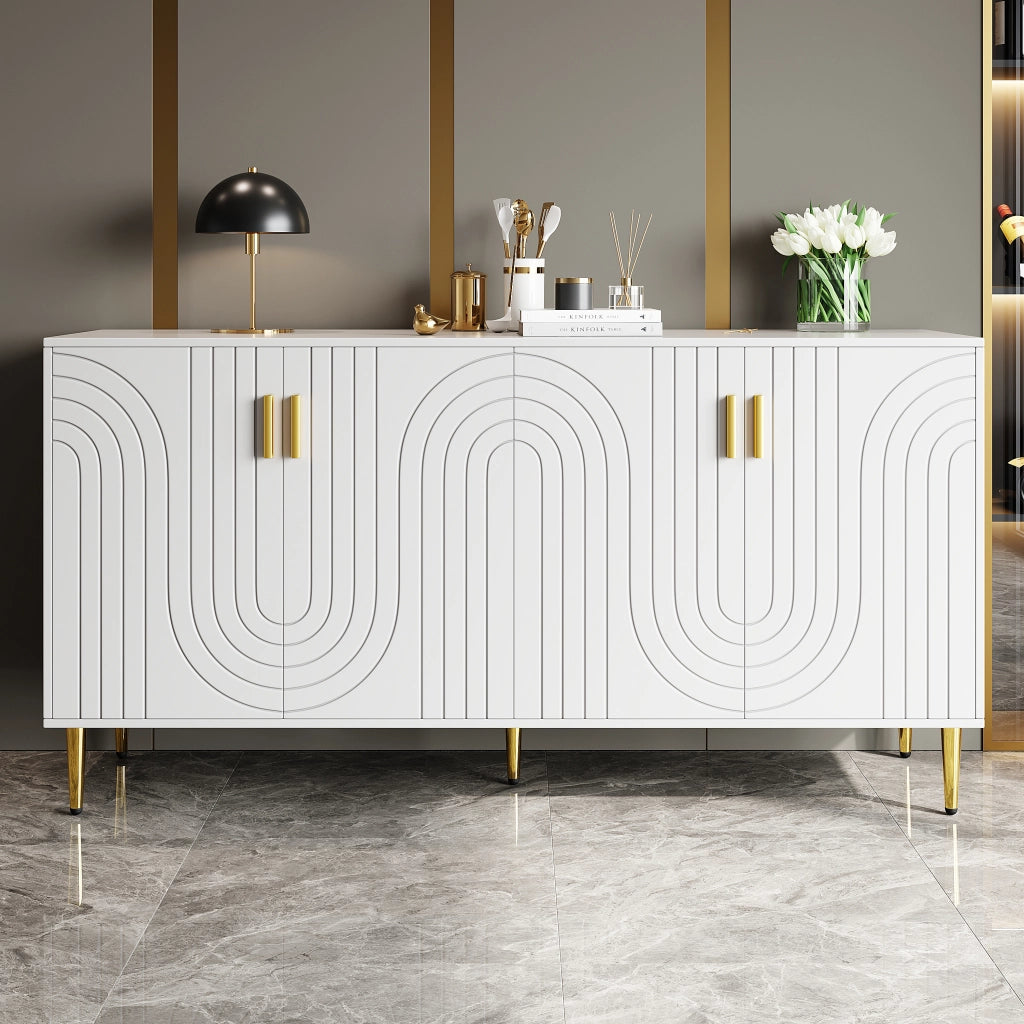 Credenza 2 ante e 4 vani, frontali ondulati e piedini dorati, per soggiorno e sala da pranzo, bianca, 152 × 40 × 75 cm