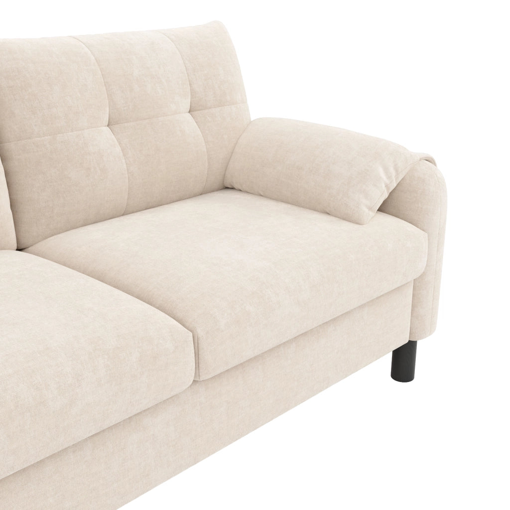 Divano dritto 2 posti con cuscini spessi, tasche laterali e braccioli imbottiti in ciniglia beige