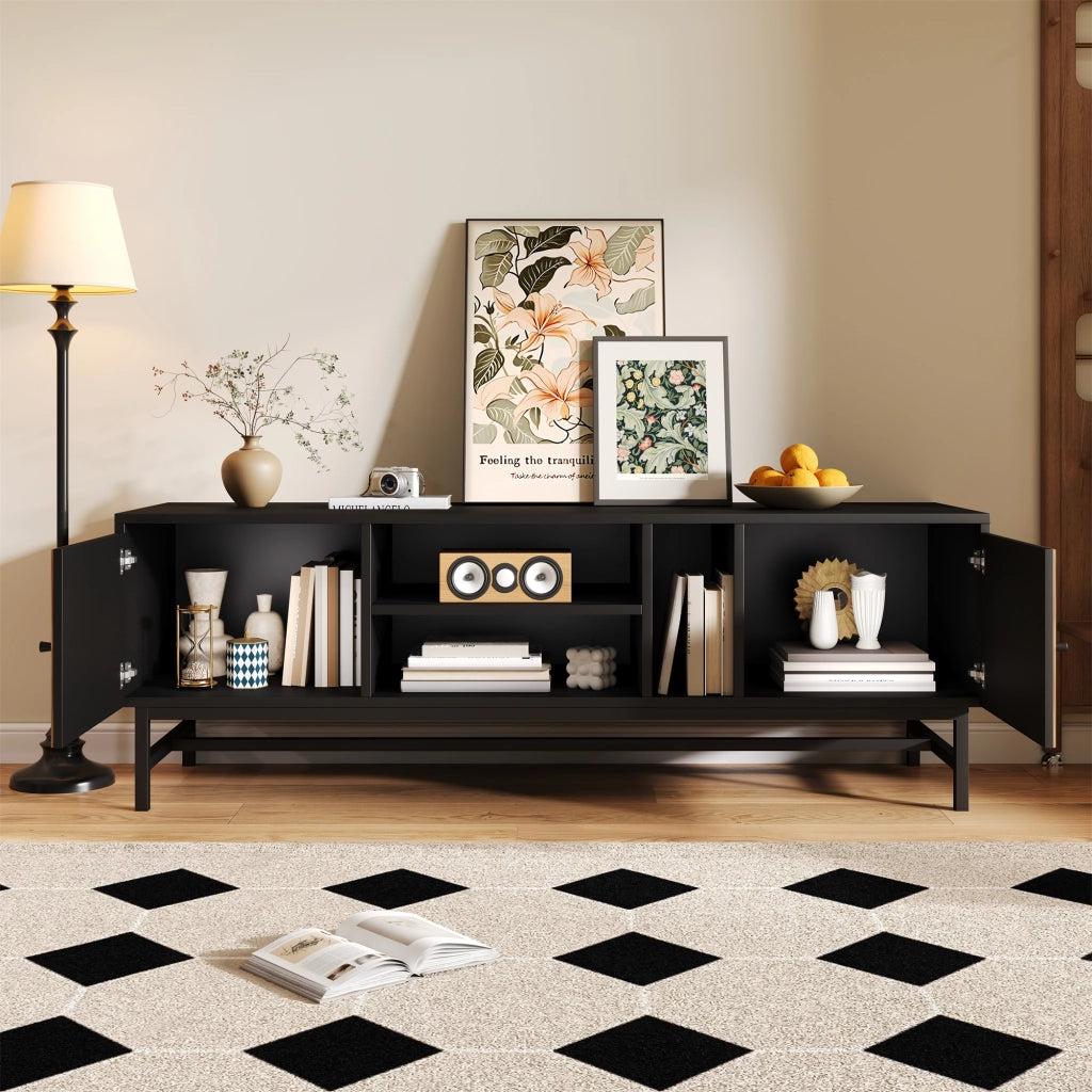 Mobile TV con 2 armadietti; 3 vani e gambe in ferro; in truciolato nero e naturale 150 × 38 × 50.5 cm