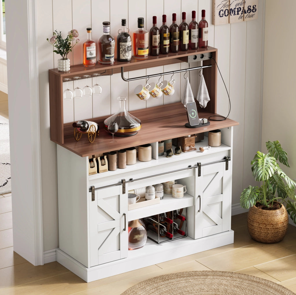 Mobile bar caffè 120 cm con prese USB; portabicchieri e ante scorrevoli HOMVRA