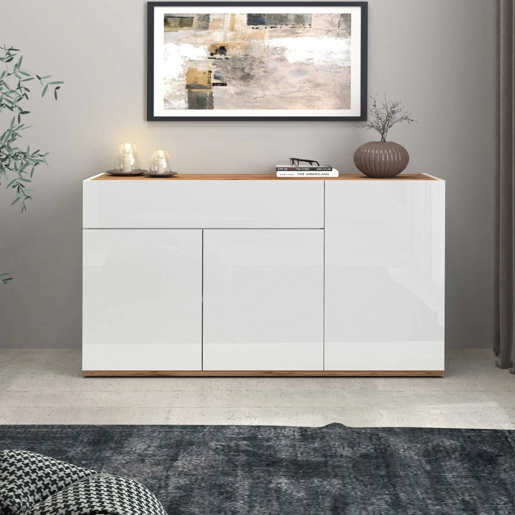 WHOUS Credenza Garda 3 ante e 1 cassetto bianco lucido e rovere 120,1x35x70 cm