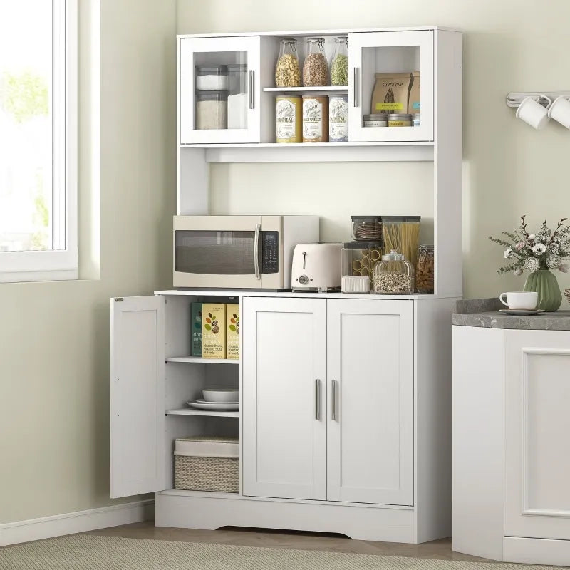 Mobile da cucina design scandinavo, 4 ante con vetri, ripiani regolabili e vano aperto, in truciolato e MDF, bianco